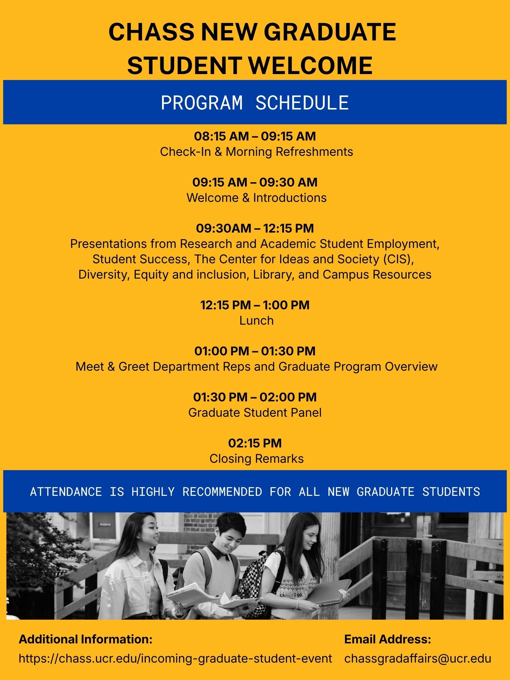 CHASS New Graduate Student Welcome Program Schedule